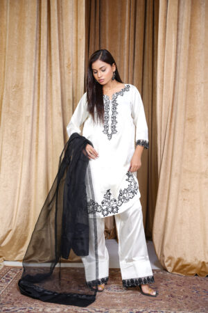Elegant White Silk Embroidered Suit with Black Detailing & Organza Dupatta