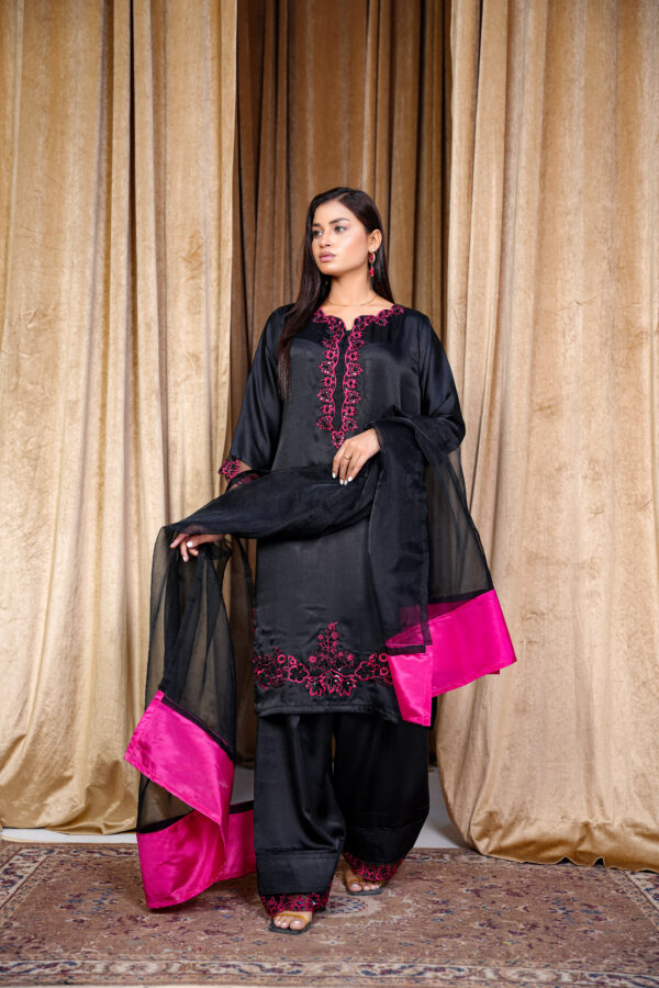Black Silk Embroidered Suit with Hot Pink Detailing & Organza Dupatta